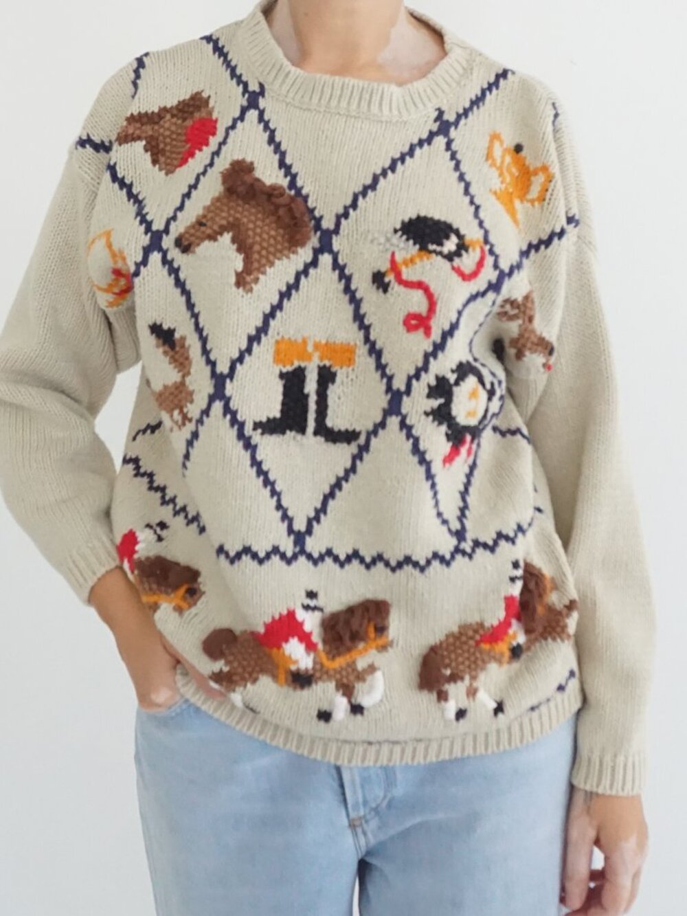 Vintage Farm Clothes Beige Horse Equestrian Western Ranch Knit Sweater L